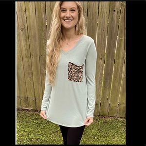Light Green Long Sleeve Top with Leopard Pocket